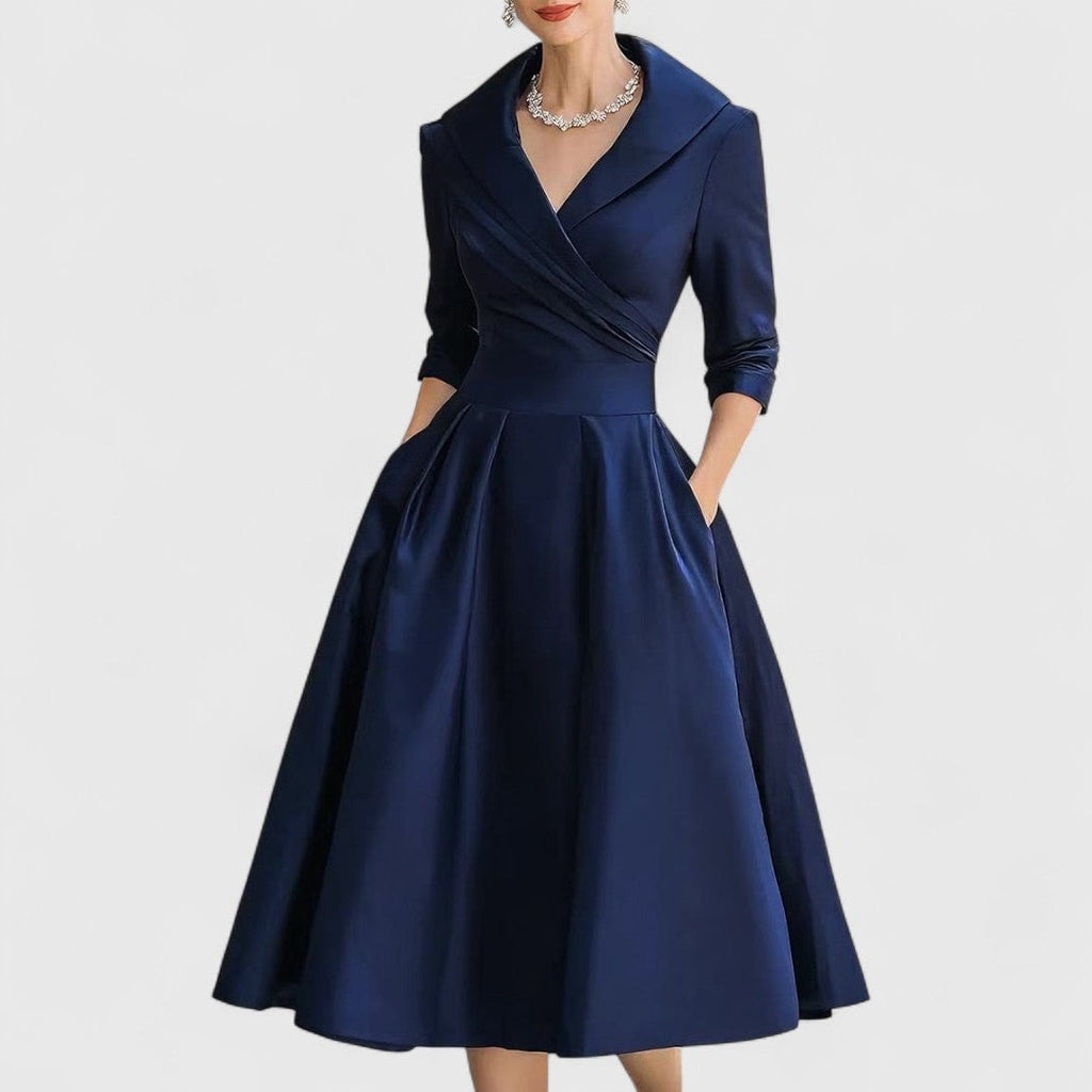 Women's V-Neck Wrap Midi Dress with Shawl Collar and Three-Quarter Sleeves