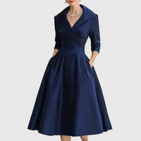 Women's V-Neck Wrap Midi Dress with Shawl Collar and Three-Quarter Sleeves