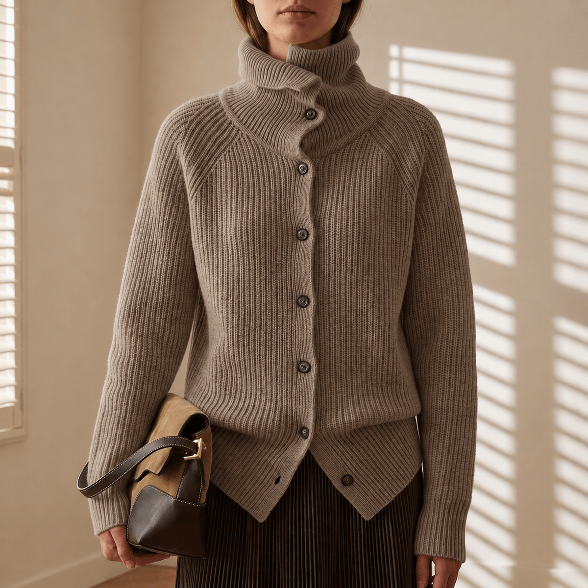 Antiparos Ribbed Turtleneck Knitted Cardigan for Women