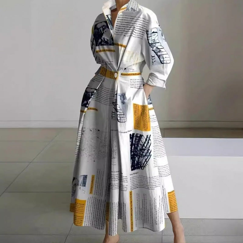 Women's Collared Front Wrap Newspaper Print Maxi Dress