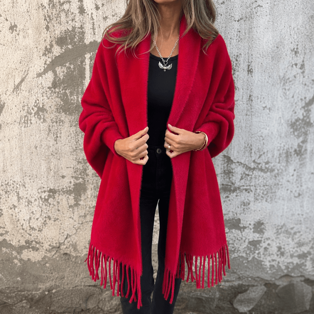 Women's Draped Shawl Collar Open-Front Wool Winter Coat with Fringe Detail