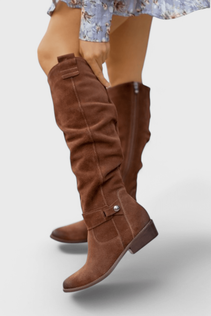 Celine Slouchy Suede Knee-High Women's Boots with Buckle Detail