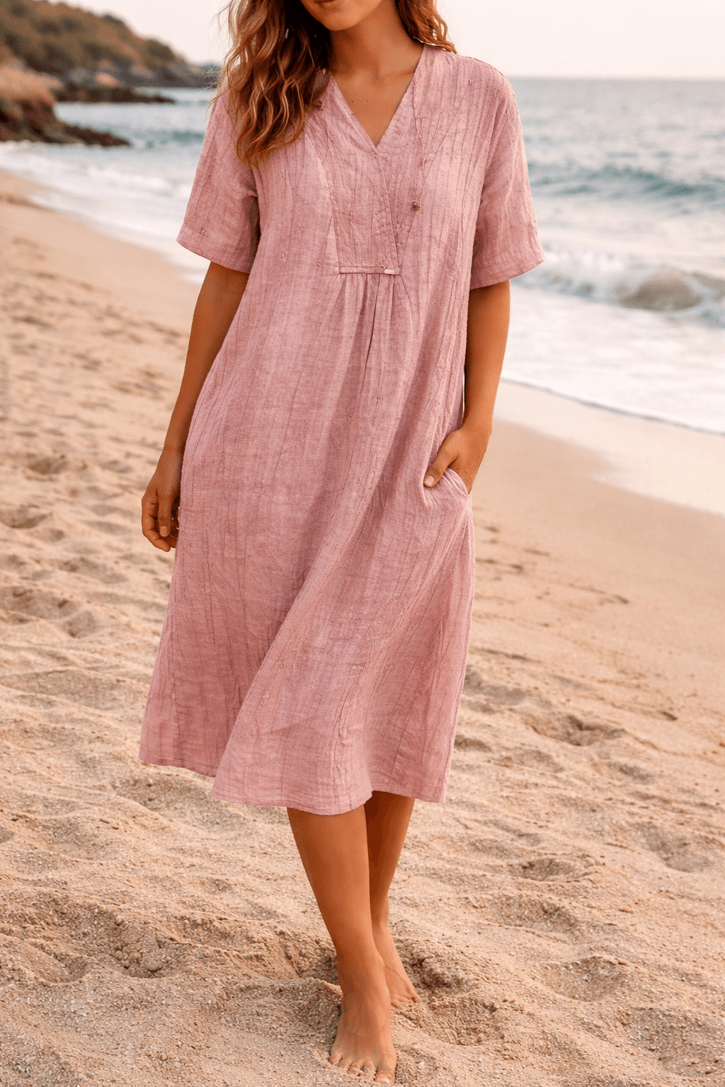 Relaxed Linen Midi Dress with V Neck for Fall Dresses for Women