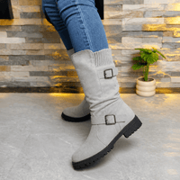 Ribbed Cuff Lug Sole Slouch Women's Boots with Suede-Look Upper