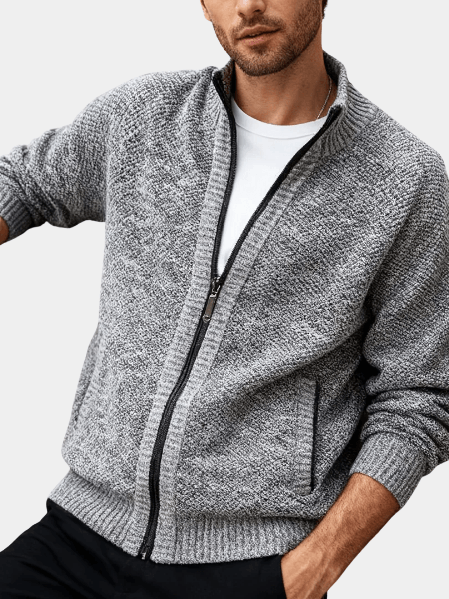 Men's Marled Knit Cardigan with Full-Length Zip and Ribbed Stand-Up Collar