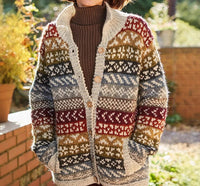 Women's Relaxed Fair Isle Knit Cardigan with Pockets and Chunky Wooden Buttons