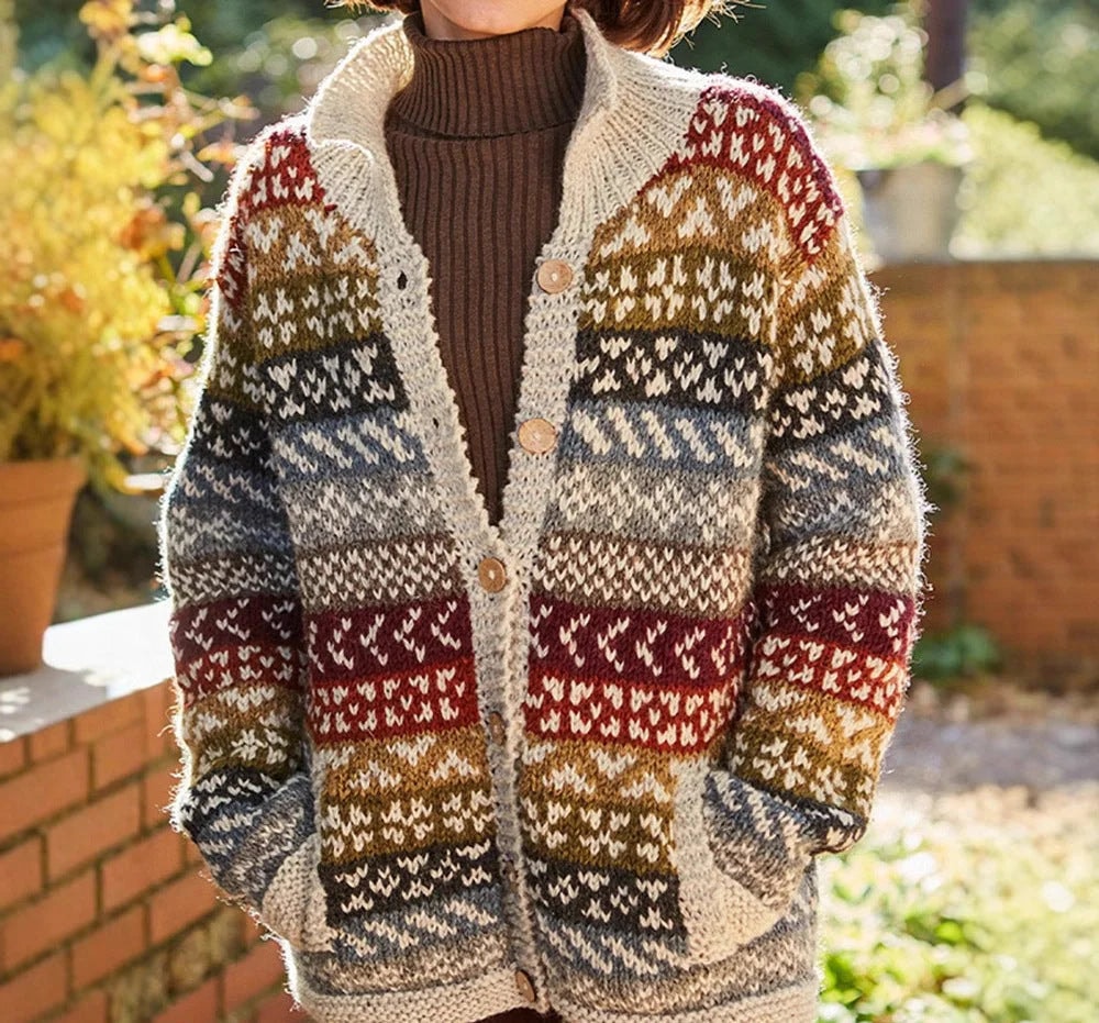 Women's Relaxed Fair Isle Knit Cardigan with Pockets and Chunky Wooden Buttons