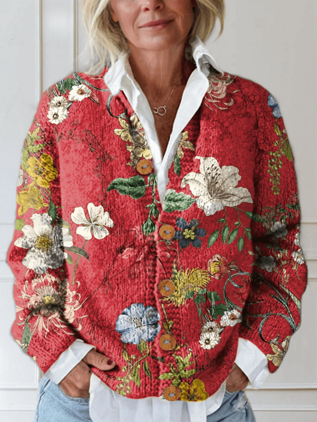 Lena Floral Print Button-Down Knitted Cardigan Sweater for Women