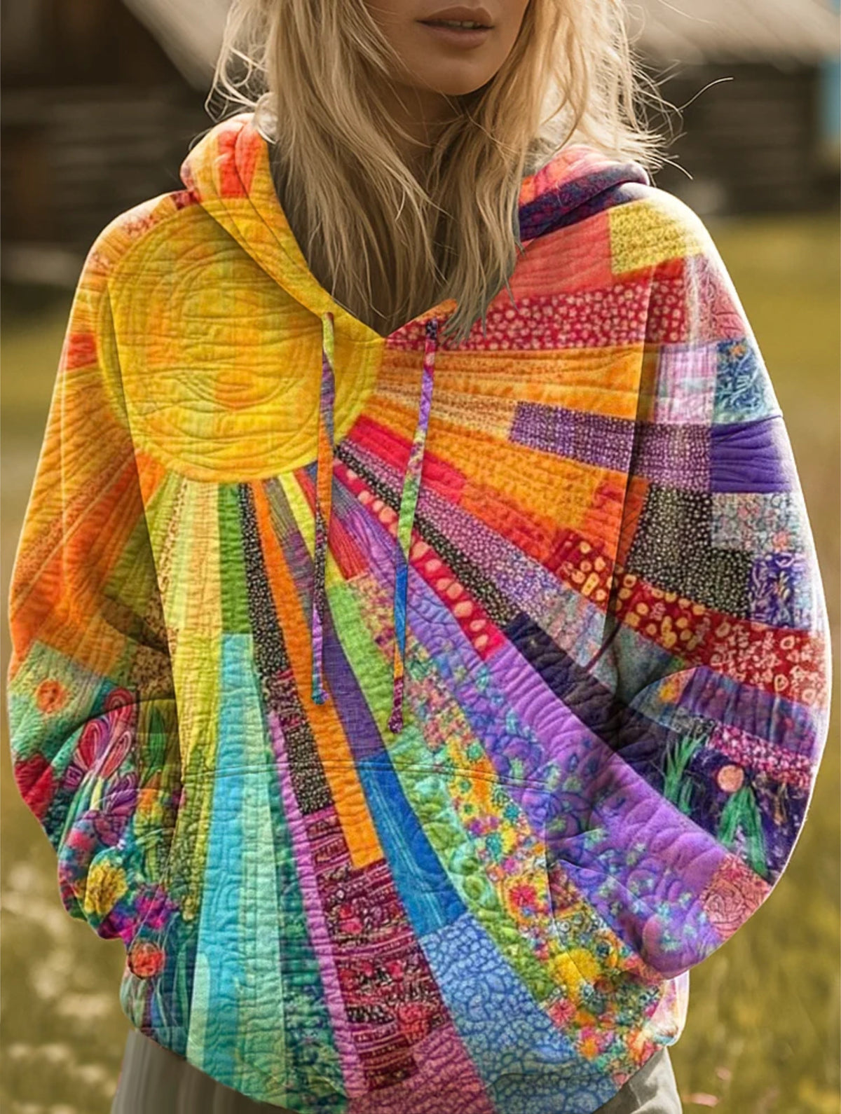 Arlette Women's Sunburst Patchwork Print Cotton Blend Pullover Hoodie