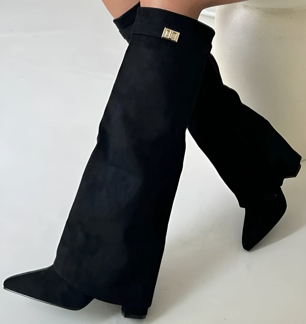 Women's Pointed-Toe Fold-Over Knee-High Boots with Block Heel and Turn-Lock Detail