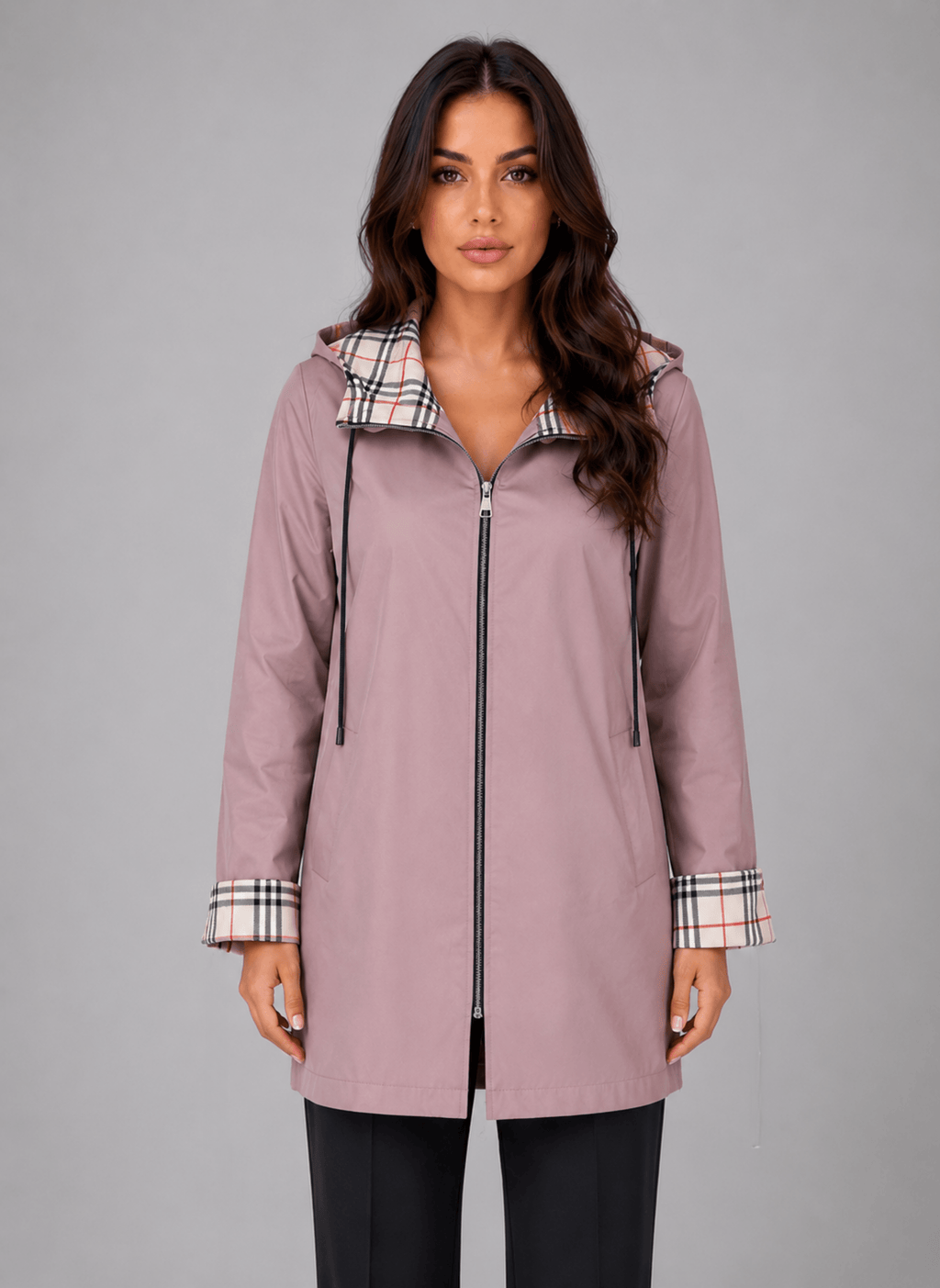 Women's Hooded Longline Rain Jacket with Check-Lined Zip Front