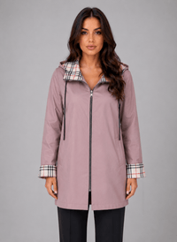 Women's Hooded Longline Rain Jacket with Check-Lined Zip Front