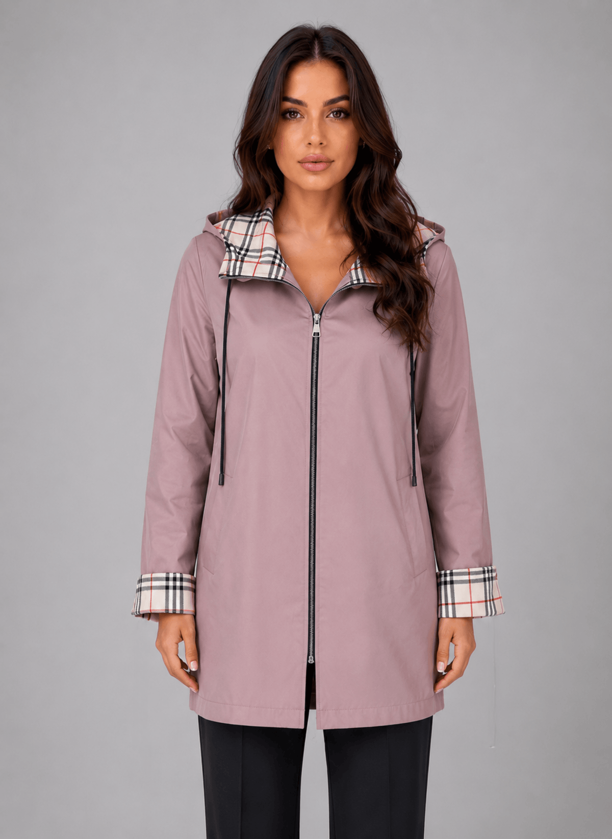Women's Hooded Longline Rain Jacket with Check-Lined Zip Front
