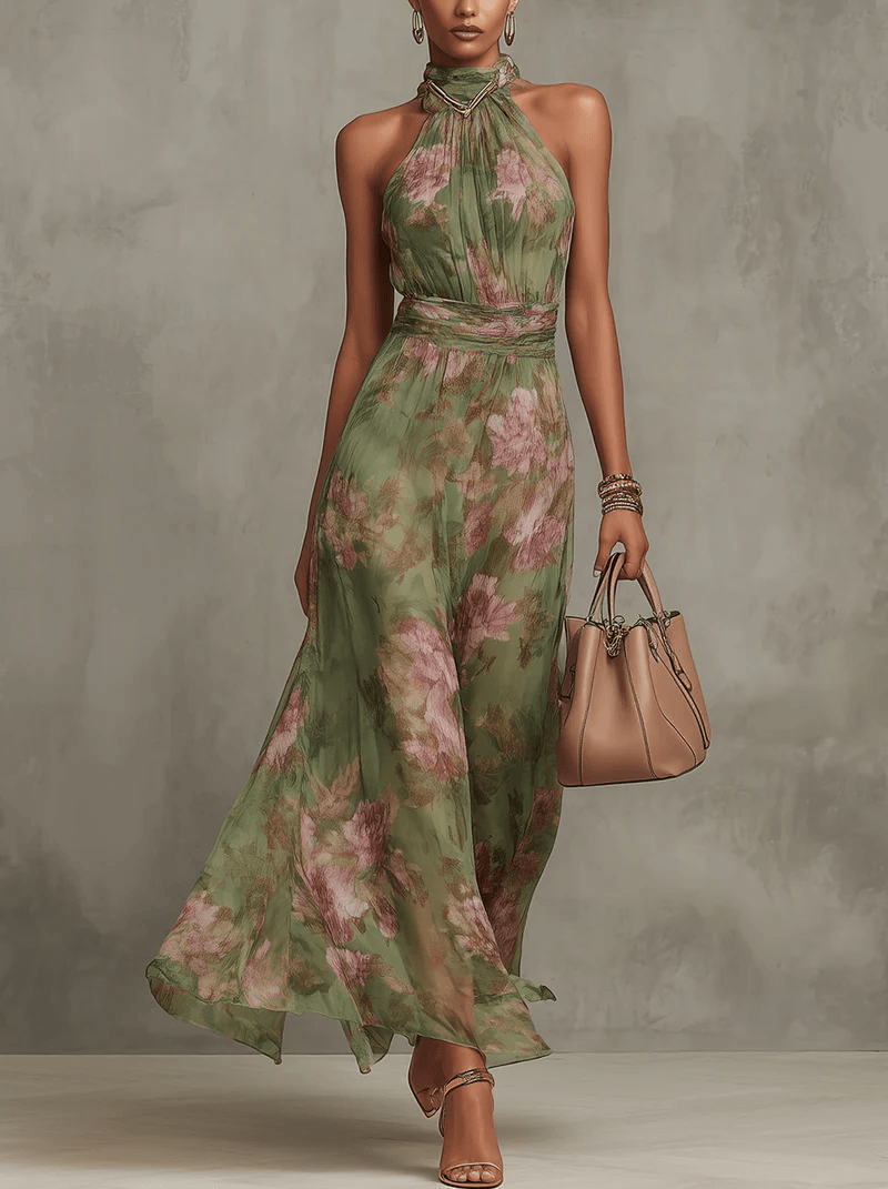 Floral Halter Maxi Fall Dresses for Women Ideal for Wedding Guest Occasions