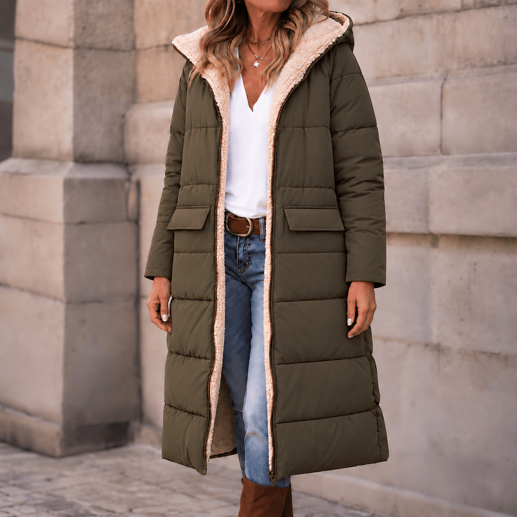 Reversa Women's Reversible Hooded Long Winter Coat with Faux Shearling Lining