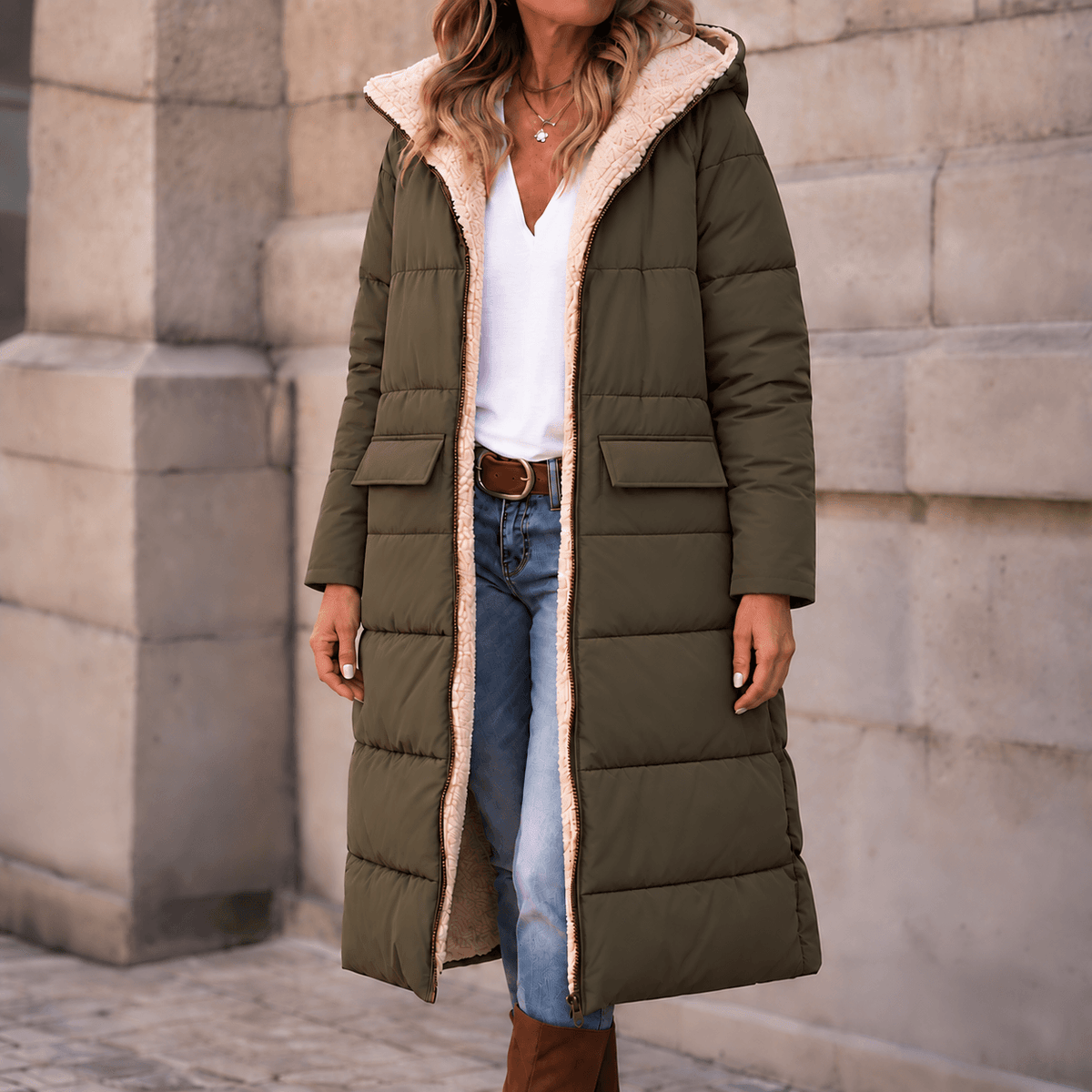Reversa Women's Reversible Hooded Long Winter Coat with Faux Shearling Lining