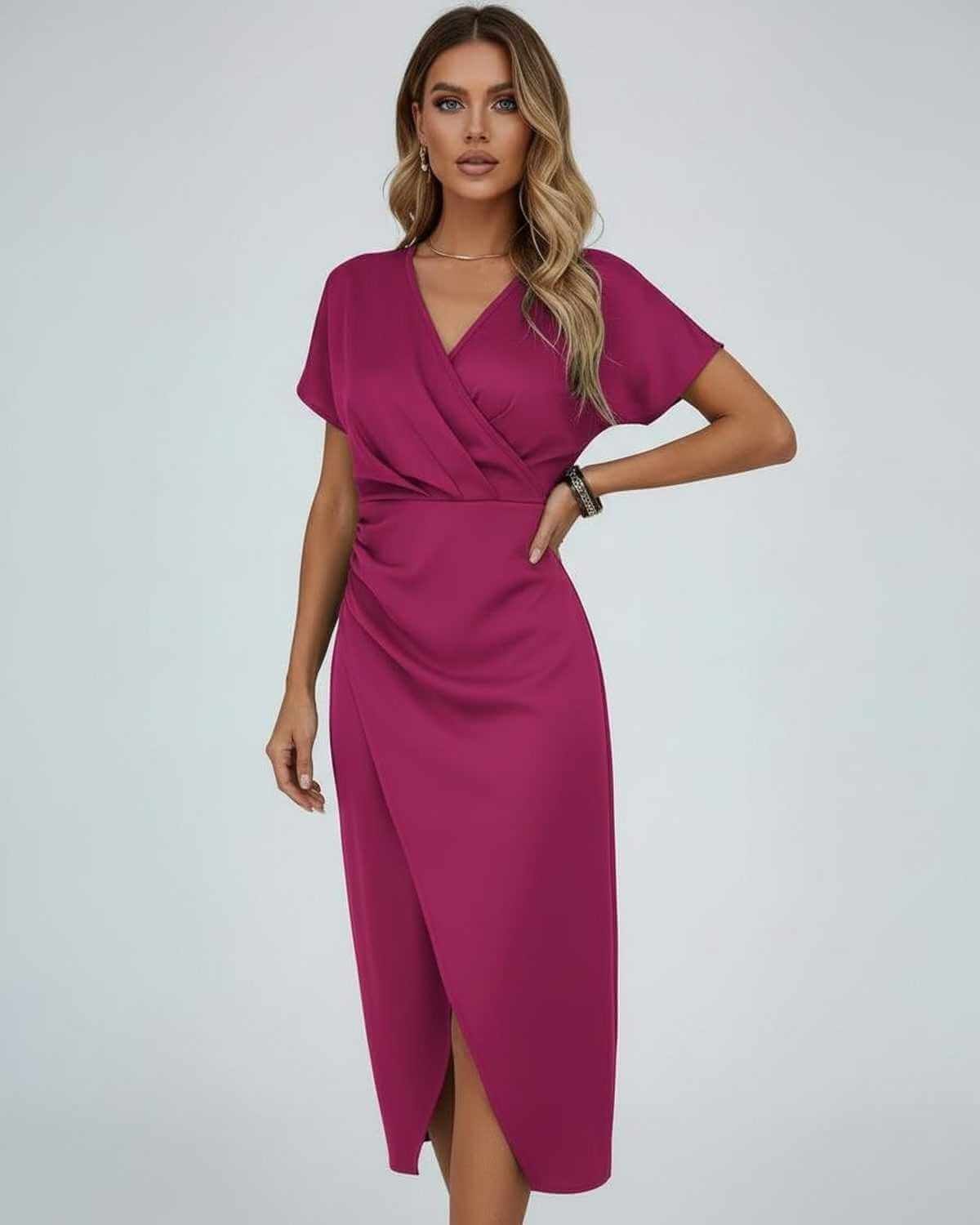 Wrap Midi Dress with Draped Waist and Split Hem for Cheap Bridesmaid Dresses