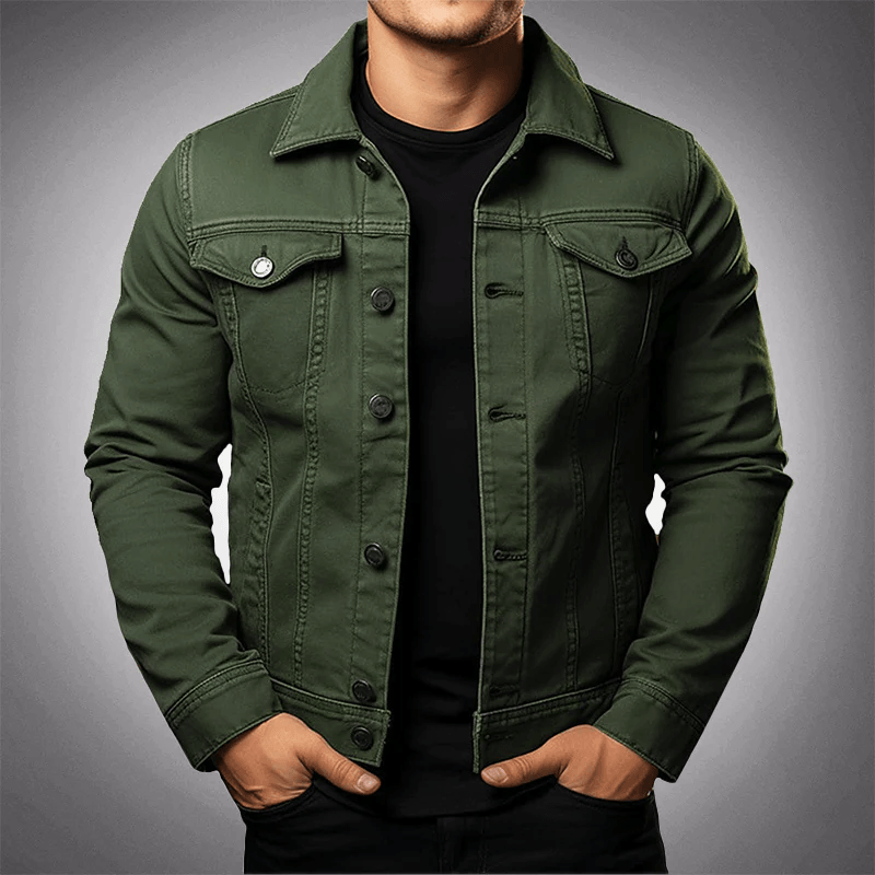 Men's Button-Front Denim Trucker Jacket with Shirt Collar and Chest Flap Pockets