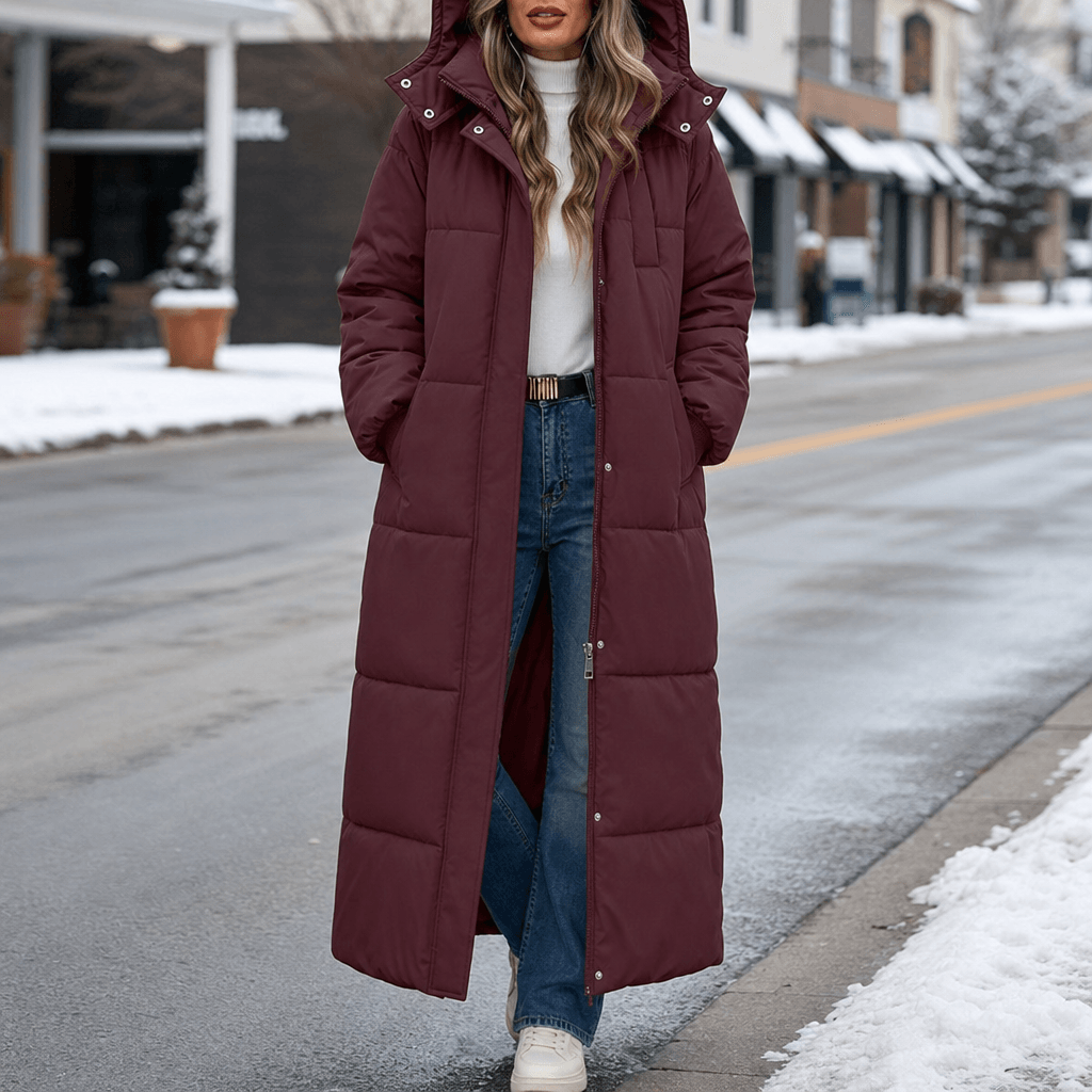 Women's Long Hooded Quilted Puffer Jacket with Side Pockets