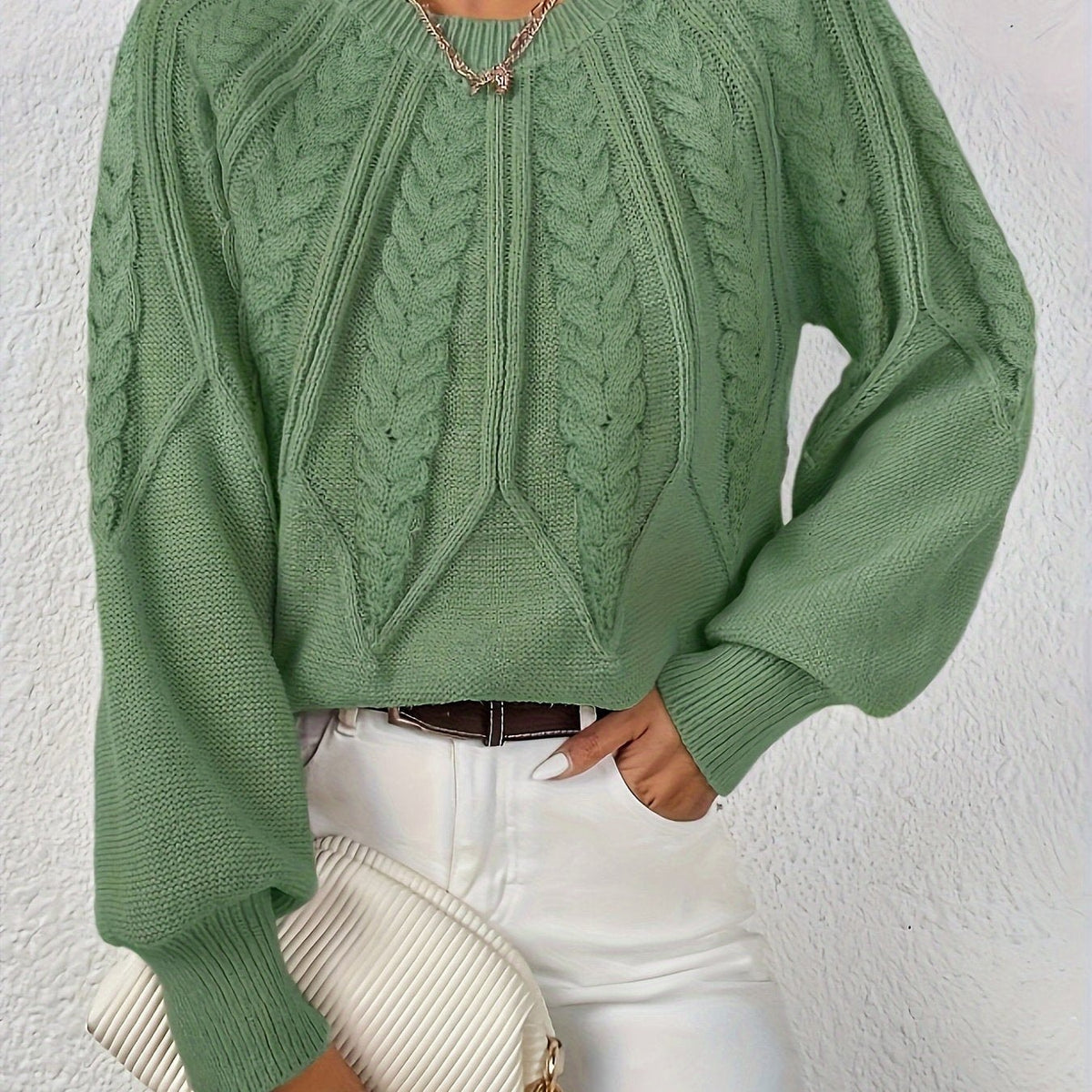 Women's Cropped Cable-Knit Sweater with Ribbed Crew Neck
