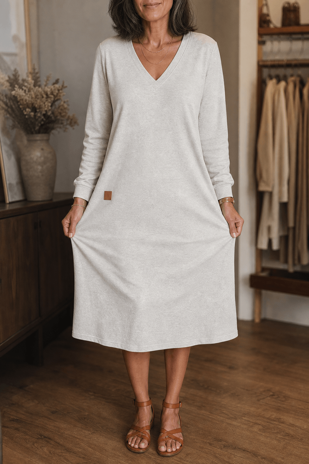 Women's A-Line V-Neck Midi Sweater Dress with Pockets