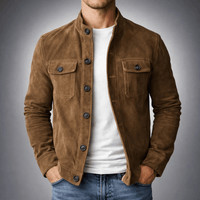 Men's Button-Front Faux Suede Bomber Jacket with Stand Collar and Chest Flap Pockets