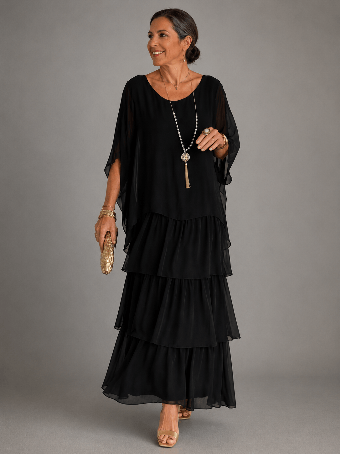 Tiered Ruffle Women's Midi-to-Maxi Dress with Flowing Capelet Sleeves
