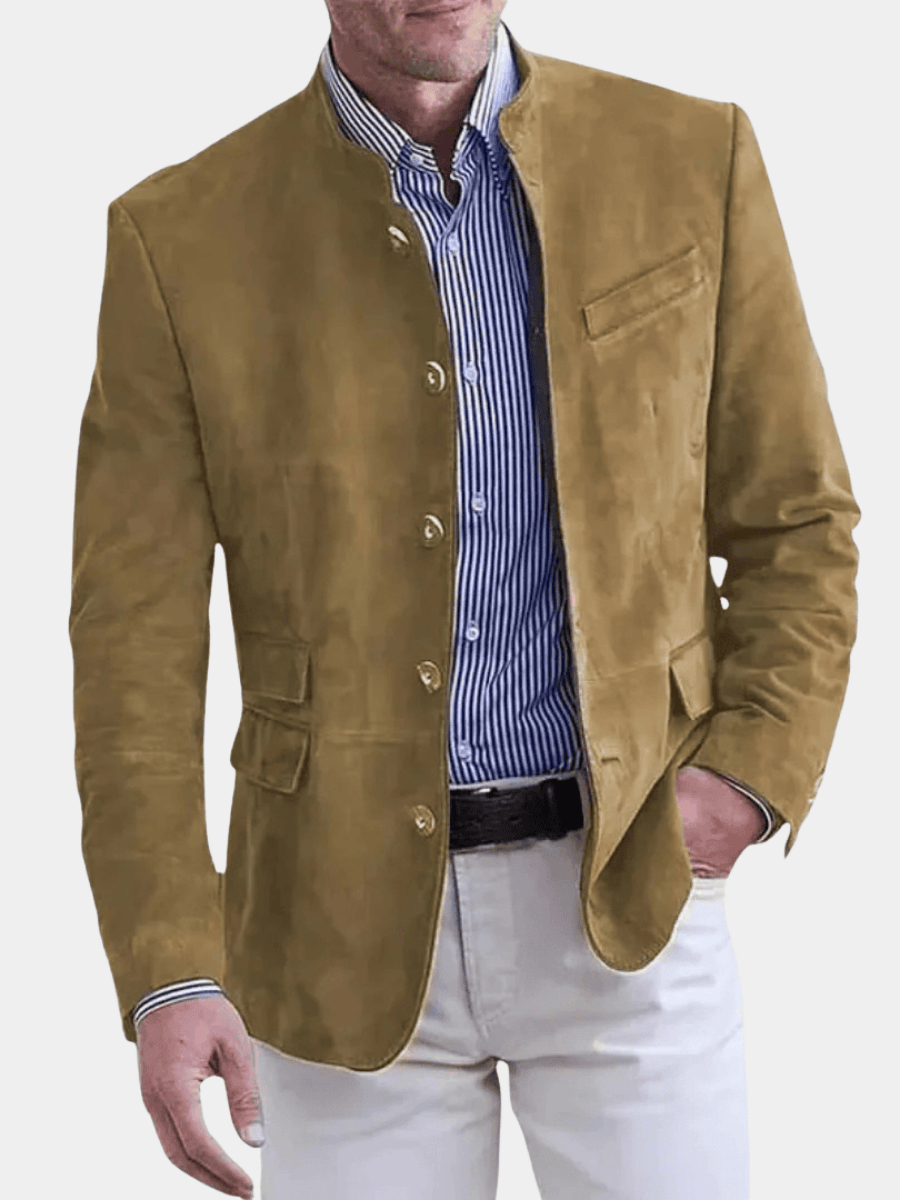 Men's Unstructured Faux Suede Blazer Jacket with Stand Collar and Flap Pockets