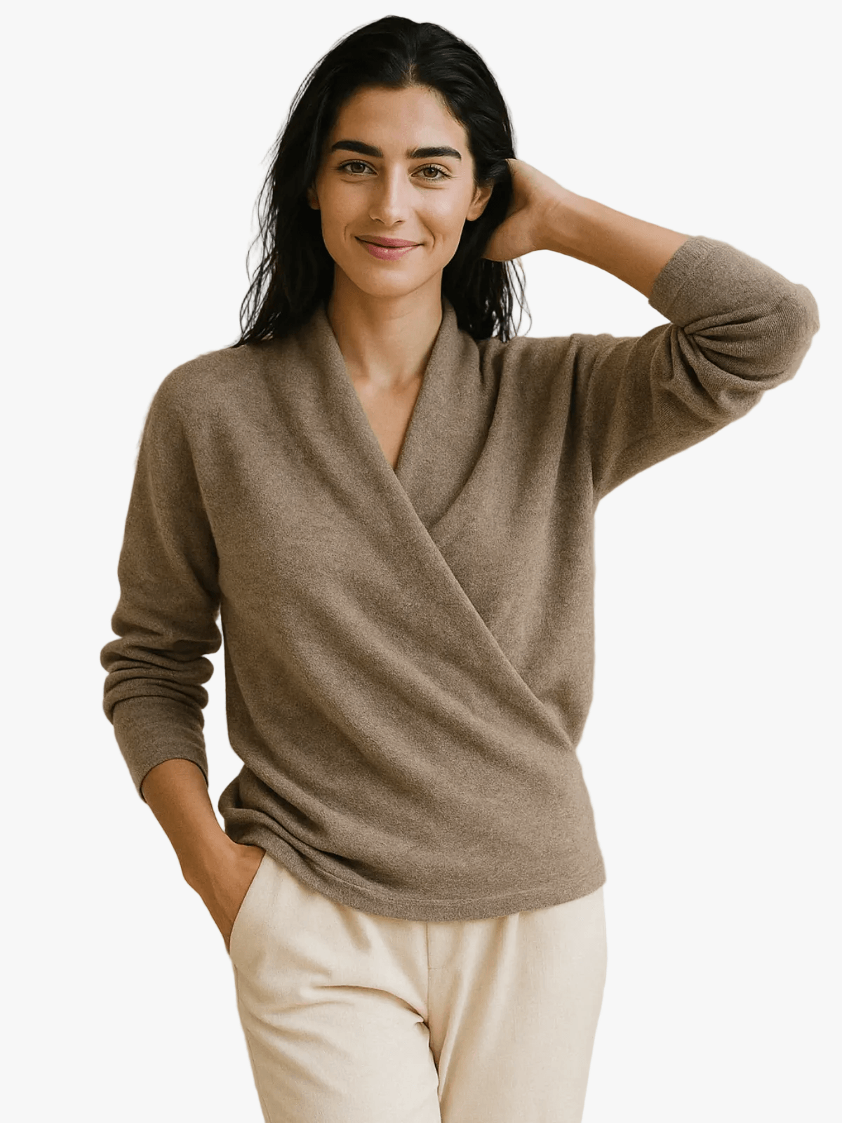 Women's Wrap-Front Knitted Sweater with V-Neck and Ribbed Hem