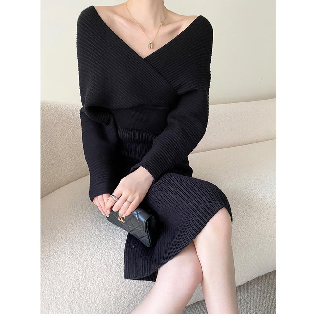 Women's Ribbed Knit Wrap Midi Sweater Dress with V-Neck and Long Sleeves