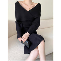 Women's Ribbed Knit Wrap Midi Sweater Dress with V-Neck and Long Sleeves