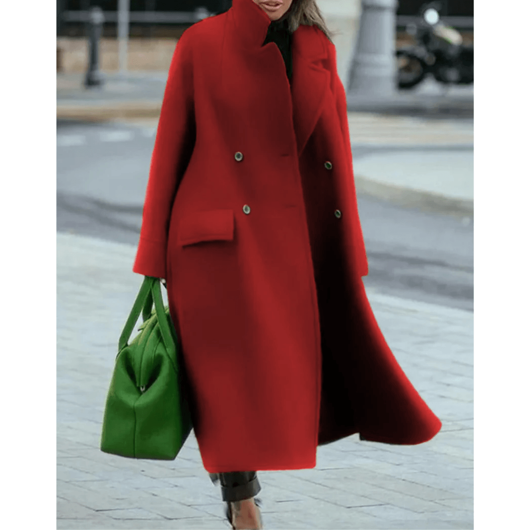 Women's Wool-Blend Double-Breasted Winter Coat with Stand Collar and Maxi Length
