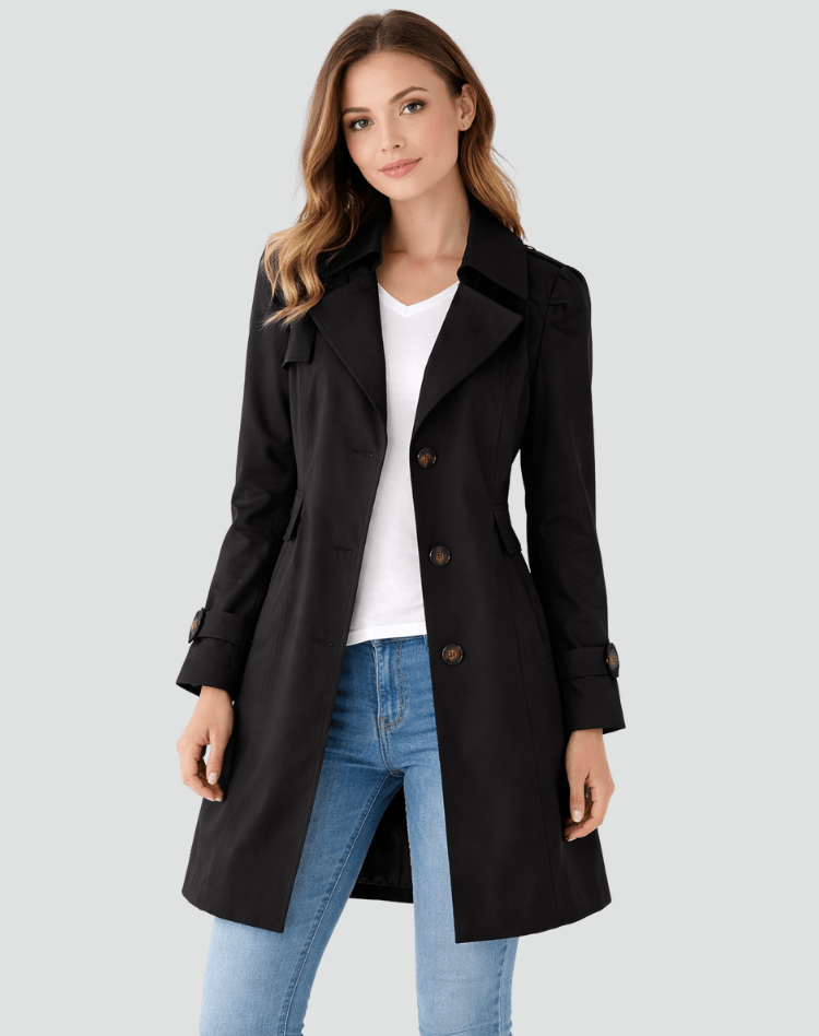Womens Tailored Trench Coat Classic Lapel Mid-Length Jacket