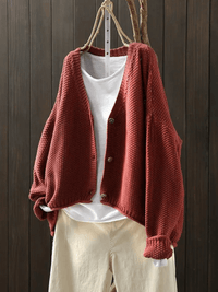 Women's Cropped V-Neck Cardigan in Chunky Textured Knit with Button Front