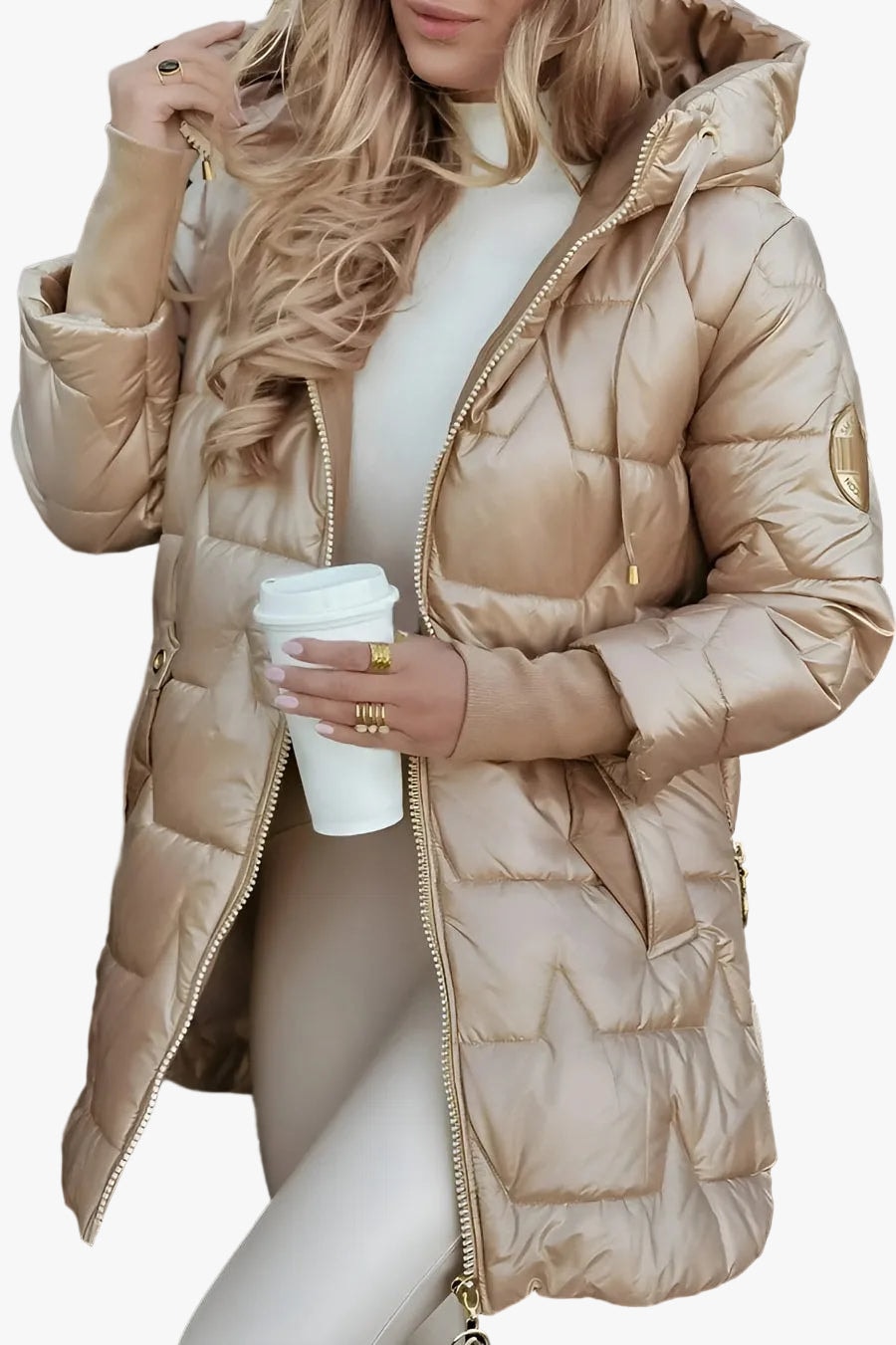 Long Hooded Puffer Jacket with Quilted Shell and Side Zip Vents