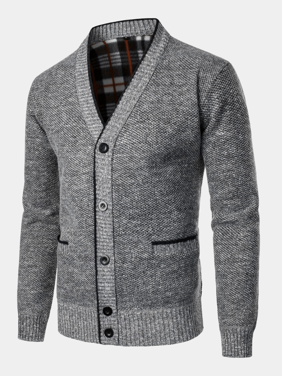 Men's Knit Button-Up Cardigan with V-Neck Collar and Plaid Fleece Lining
