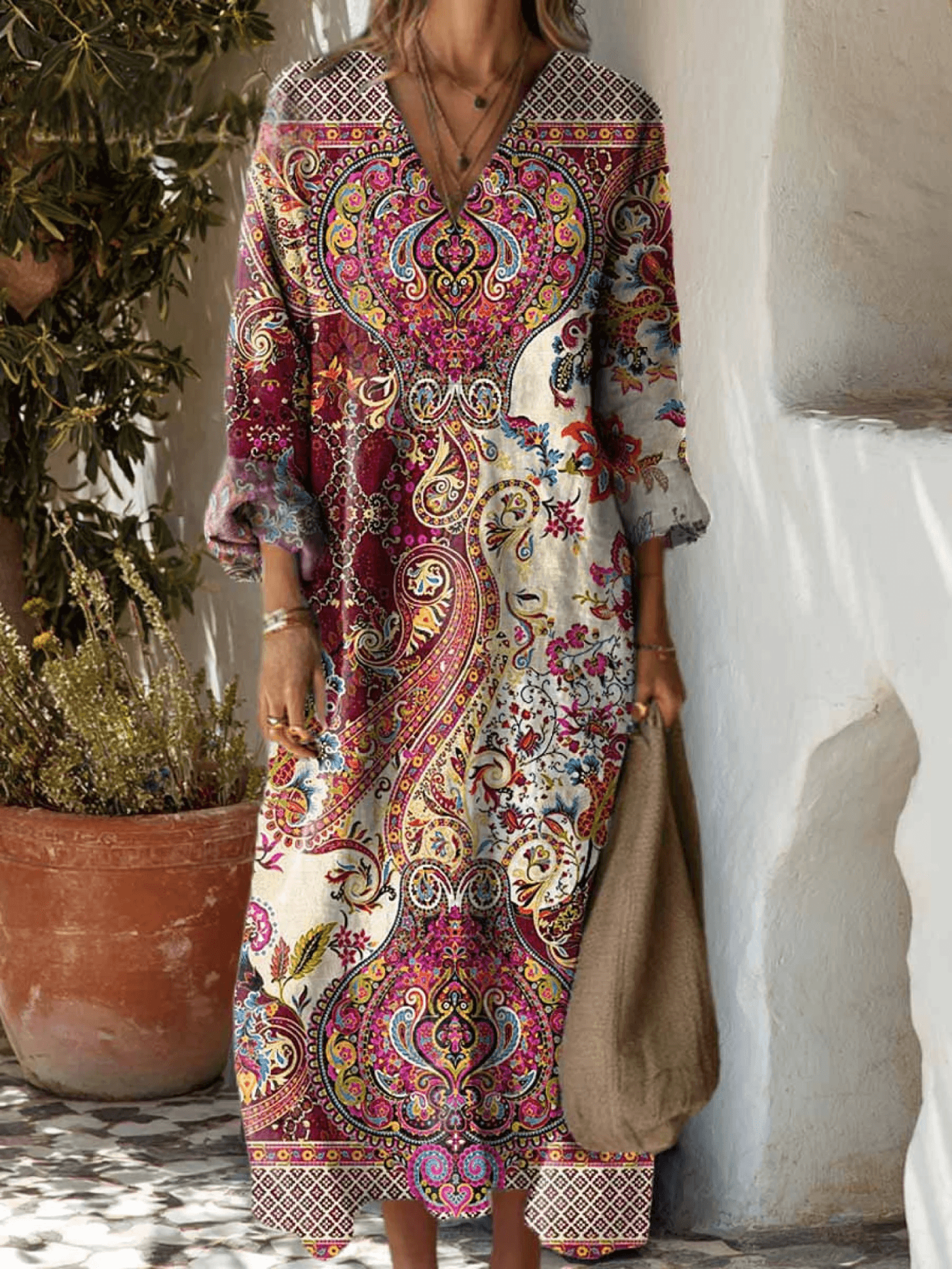 Boho Paisley Print Long Sleeve Midi Fall Dresses for Women
