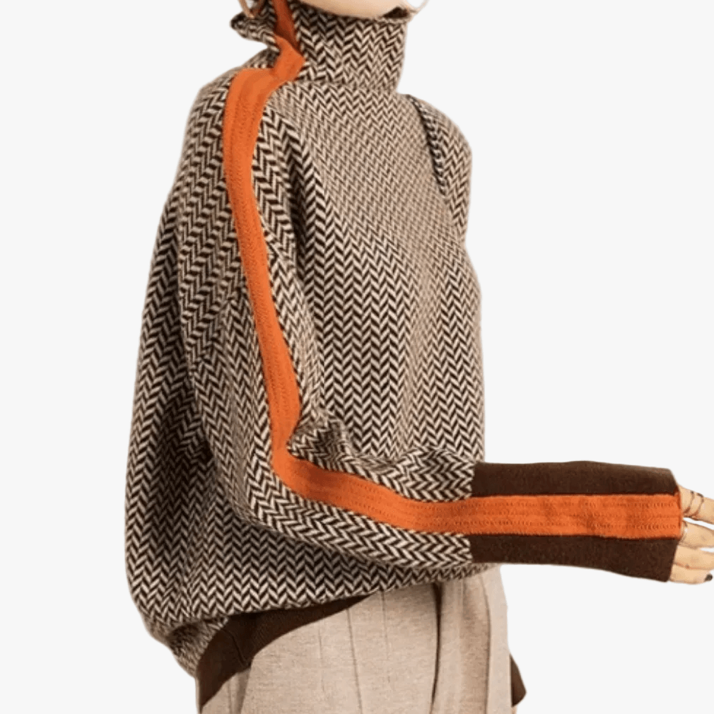 Herringbone Turtleneck Sweater with Contrast Sleeve Stripes for Women