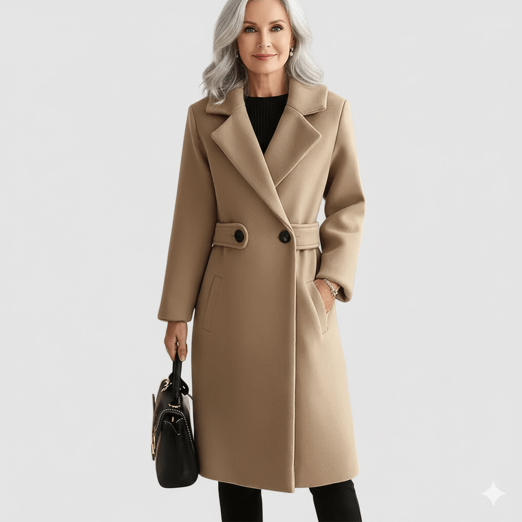 Rosa Belted Double-Breasted Women's Winter Coat with Notched Collar