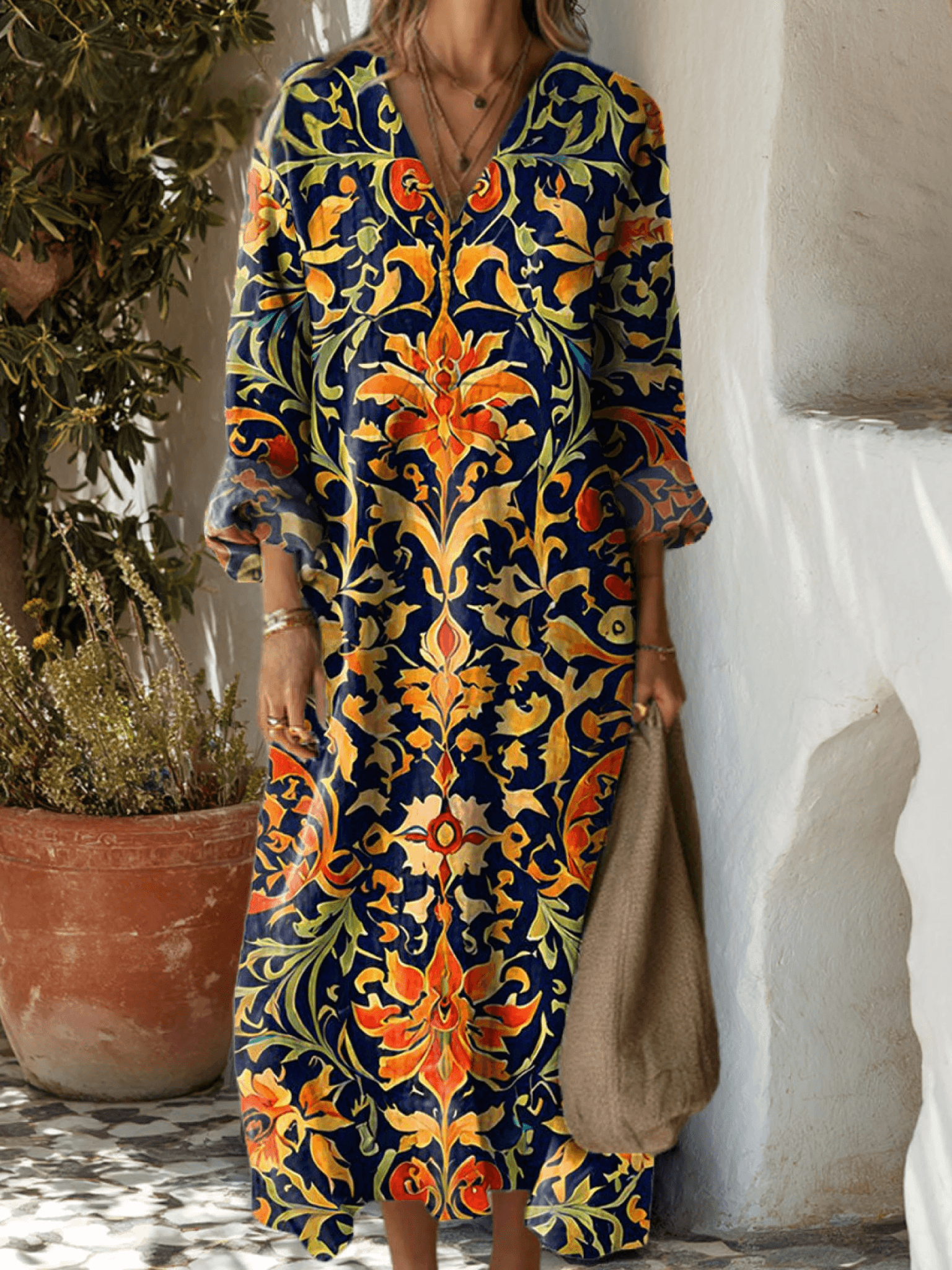 Vintage Floral Print Long Sleeve Woven Maxi Dress for Fall