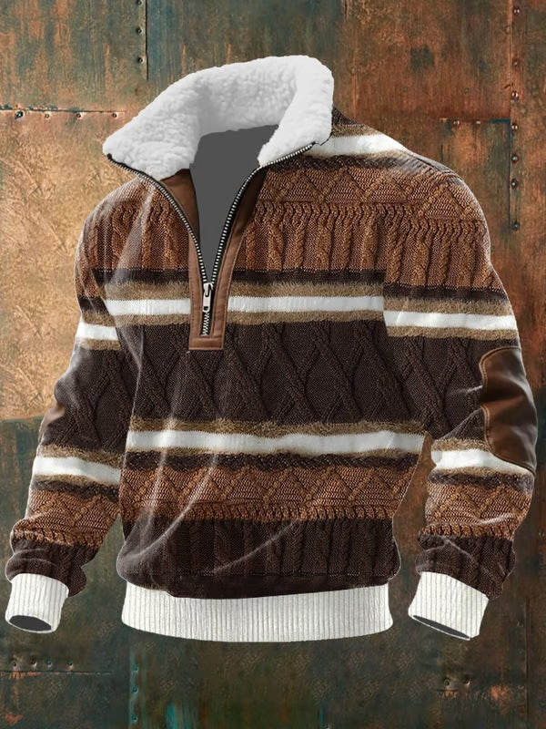 Quarter Zip Fleece Collar Fall Sweater with Faux Leather Trim