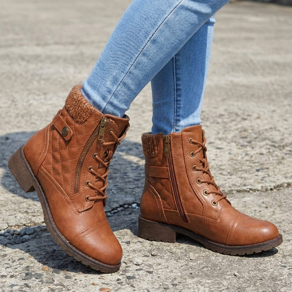 Women's Quilted Lace-Up Ankle Boots with Side Zip and Block Heel