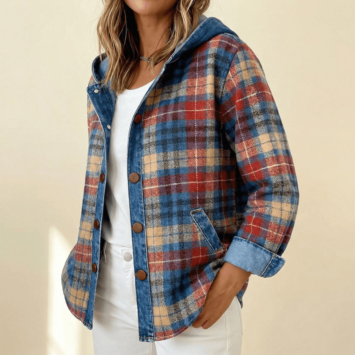 Weslyn Plaid Hooded Shacket with Denim Trim for Women