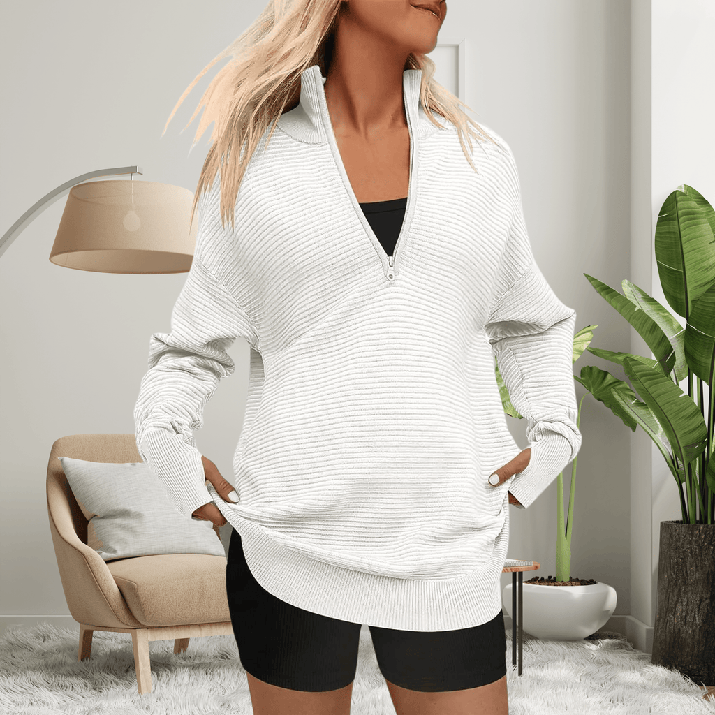 Nina Zip Neck Oversized Sweater with Ribbed Trim for Women