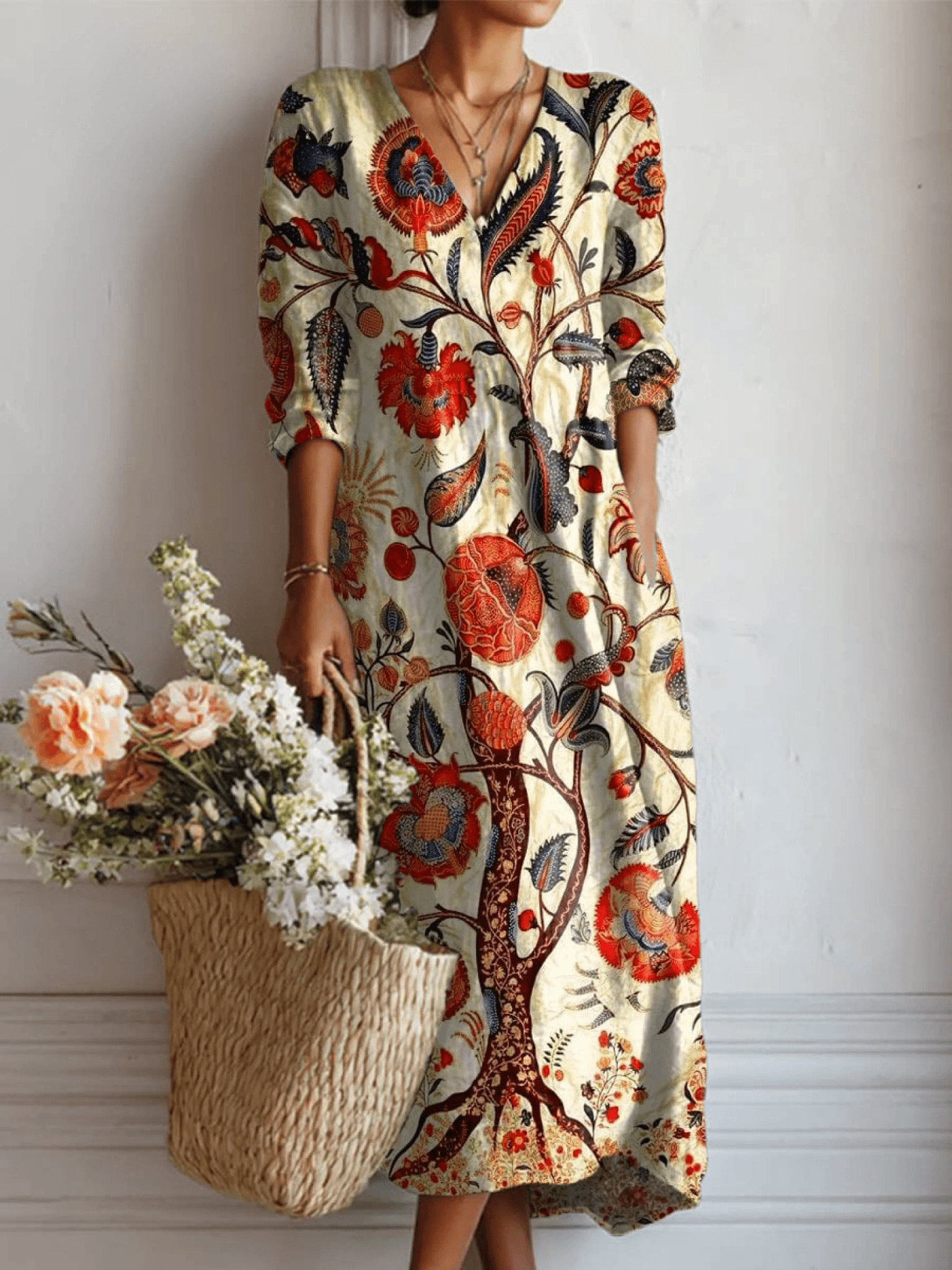 Vintage Floral Print Cotton Linen Pocket Fall Dress with Sleeves