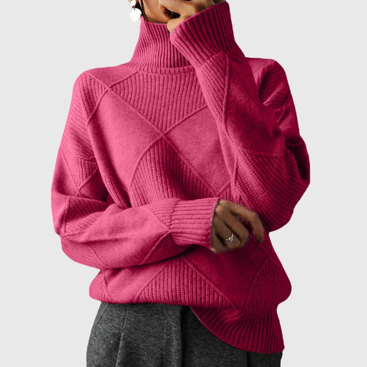Women's Ribbed Knit Turtleneck Sweater with Diamond Pattern and Relaxed Fit