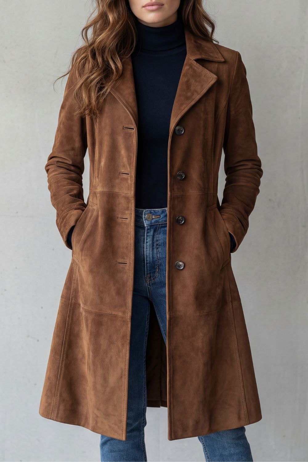 Women's Vintage Longline Winter Coat with Suede-Style Finish and Tailored Waist