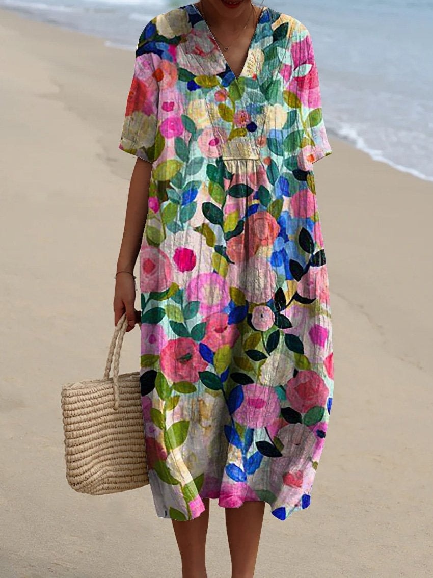 Floral Print V Neck Midi Dress for Beach Vacation and Fall Dresses for Women Occasions