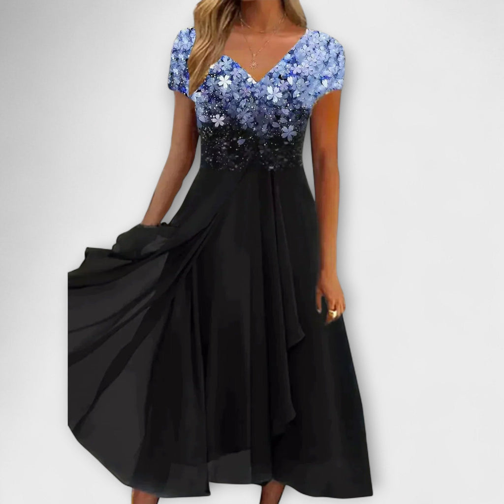 Women's Ombre Print V-Neck Chiffon Midi Dress with Short Sleeves and Layered Skirt