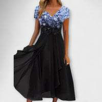 Women's Ombre Print V-Neck Chiffon Midi Dress with Short Sleeves and Layered Skirt